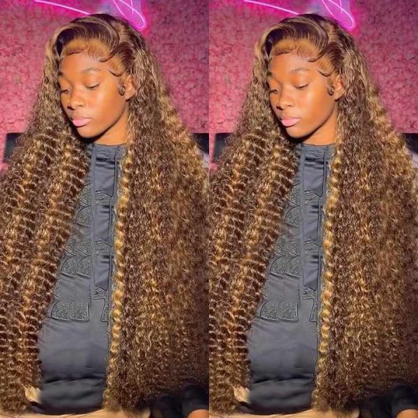 30 34 Inch Highlight Ombre Lace Front Wig Curly Human Hair Wigs Honey Blonde Colored HD Deep Wave Frontal Wigs For Black Women