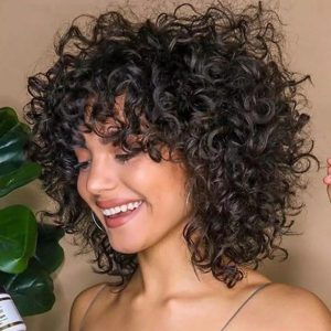 Joedir Nature Wave Short Curly Human Hair Wigs For Black Women Peruvian Remy Full Wig With Bangs Bouncy Curl Black Cosplay Wigs