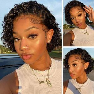 Pixie curly 13x1 Lace Frontal Wigs 100% Human Hair curly short cut wig For Black Women