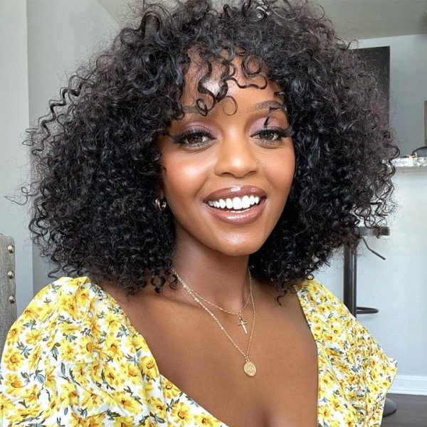 Uniky Wholesale Brazilian Short Kinky Curly Bob Human Hair Wig for Black Women Natural Color Virgin Remy Fringe Curly Bob Wig