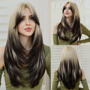 Wholesale Honey Blonde Wig with Bangs Long Brown Wigs for Women,Layered Heat Resistant Synthetic Wigs Pelucas Perruques Peruca