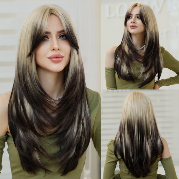 Wholesale Honey Blonde Wig with Bangs Long Brown Wigs for Women,Layered Heat Resistant Synthetic Wigs Pelucas Perruques Peruca