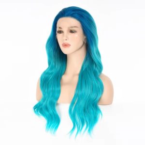 Long wavy luxury natural fiber lace front synthetic wigs heat resistant fiber Ombre Blue synthetic lace front wig for women