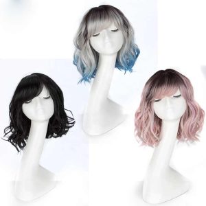 Wholesale 12 inches Short Bob Wig With Bangs Heat Resistant Wig For Black Women Ombre 3 Color Loose Wavy Hair Synthetic Wigs