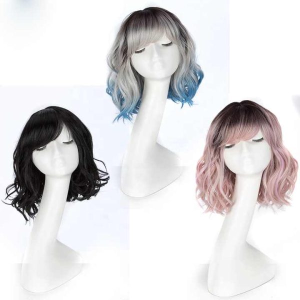 Wholesale 12 inches Short Bob Wig With Bangs Heat Resistant Wig For Black Women Ombre 3 Color Loose Wavy Hair Synthetic Wigs