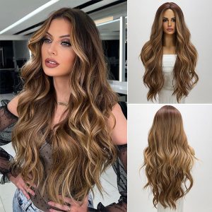 2024 Hot Selling Fashion Wig Synthetic Wig Future Fiber Brown Highlight Dyed Gradient Curly Wigs For Women