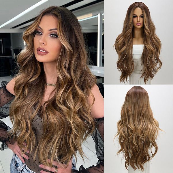 2024 Hot Selling Fashion Wig Synthetic Wig Future Fiber Brown Highlight Dyed Gradient Curly Wigs For Women