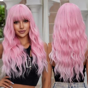 Synthetic Pink Wig Long Wavy Wigs with Bangs Lolita Cosplay Party Use Heat Resistant Fiber for Women