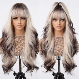 JZW Factory Wholesale Price Long Wig Silver Gray Wavy Synthetic Wig with Bangs for Women Blonde Natural Hair