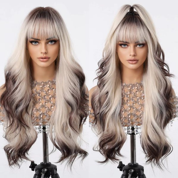 JZW Factory Wholesale Price Long Wig Silver Gray Wavy Synthetic Wig with Bangs for Women Blonde Natural Hair