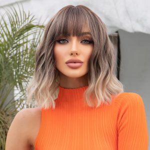 with Bangs Short Bob Wig Heat Resistant Ombre Brown to Blonde 613 Synthetic Wigs with Bangs