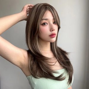 Wholesale Honey Blonde Wig with Bangs Long Brown Wigs for Women Layered Heat Resistant Synthetic Wigs Pelucas Perruques Peruca