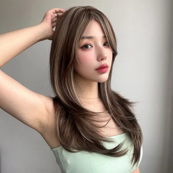 Wholesale Honey Blonde Wig with Bangs Long Brown Wigs for Women Layered Heat Resistant Synthetic Wigs Pelucas Perruques Peruca