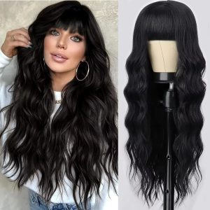 Wholesale nature black Wig With Bangs Long Brown Wigs For Women Layered Heat Resistant Soft Synthetic Wigs Glueless Density 150%